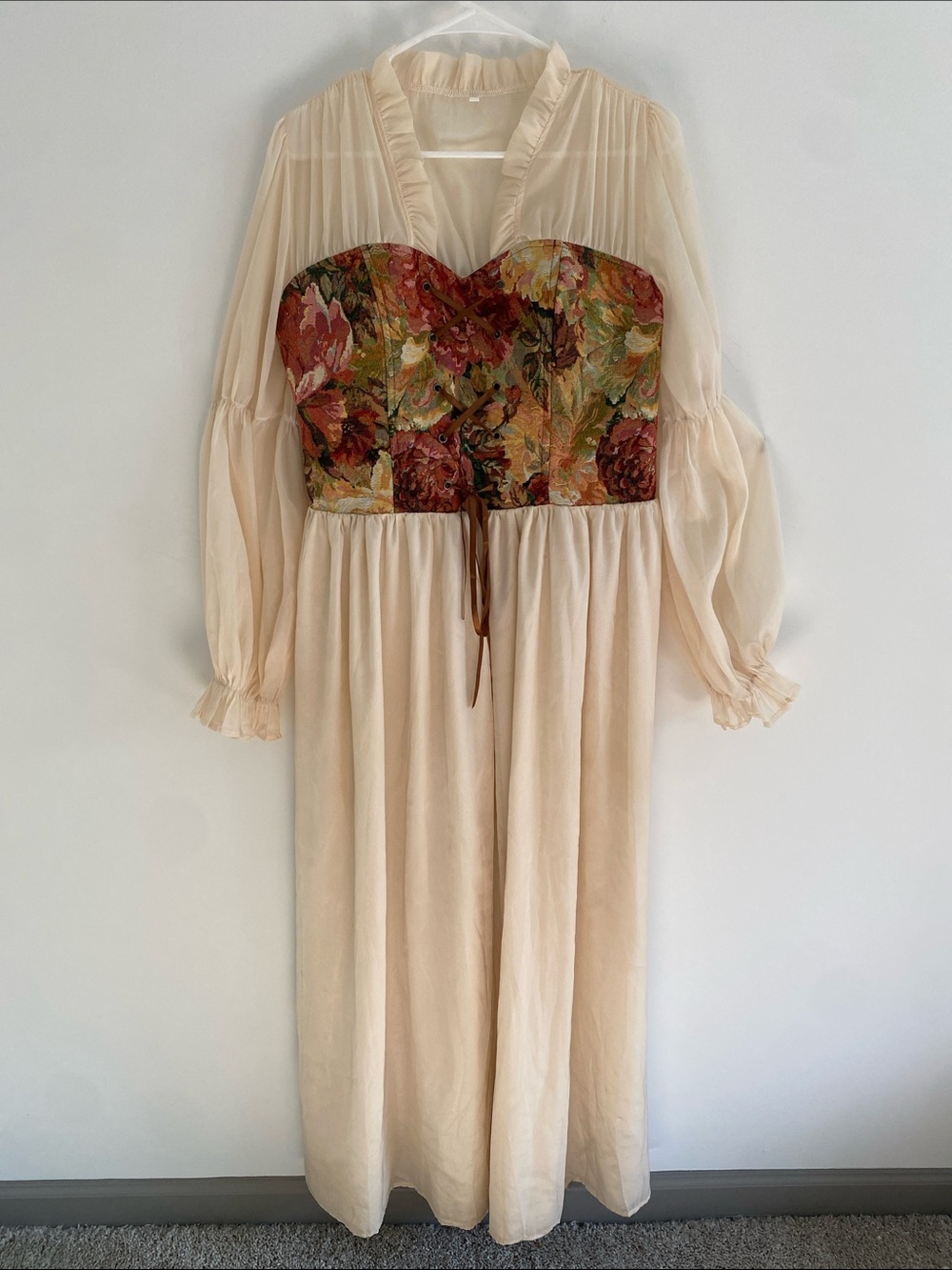 Renaissance Tapestry Sheer Corset Billowy Sleeves Maxi Dress LARGE - Picture 1 of 10